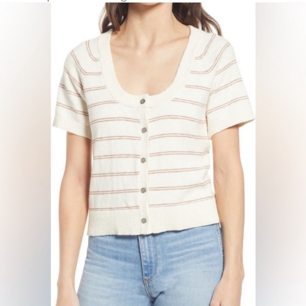 Madewell Cream and Brown Striped Short Sleeve Tee